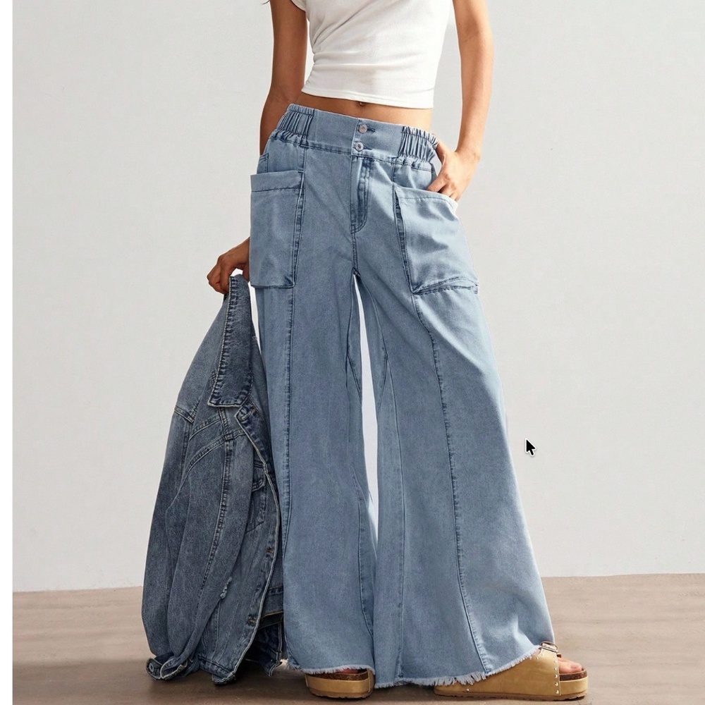 Light Wash Stretchy Waist Wide leg Denim Pants jeans - Picture 8 of 9